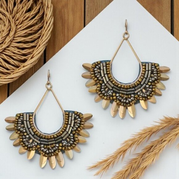 🆕 Indian Artisan Beaded Fan Drop Earrings Gold Brass Boho Festival Statement - Picture 8 of 13